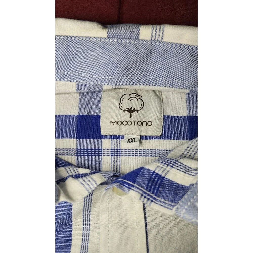 Mocotono Mens 2X White Blue Plaid Button Up Long Sleeve Shirt 100% Cotton Casual - Picture 4 of 9